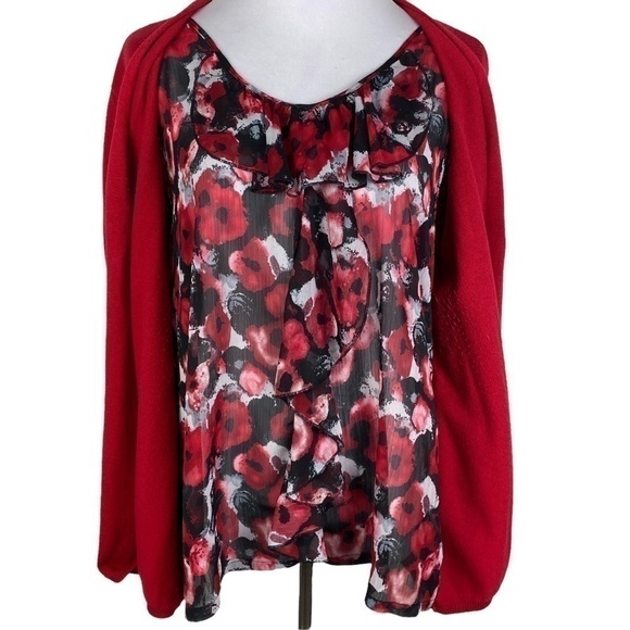 Elementz Floral‎ Sheer 2-Layer Ruffle Open Sweater Cardigan Women's XL Red Black - Picture 6 of 11